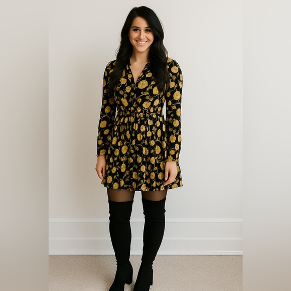 Thakoon Black & Yellow Floral Belted Shirt Dress | Size 4 - Picture 1 of 7